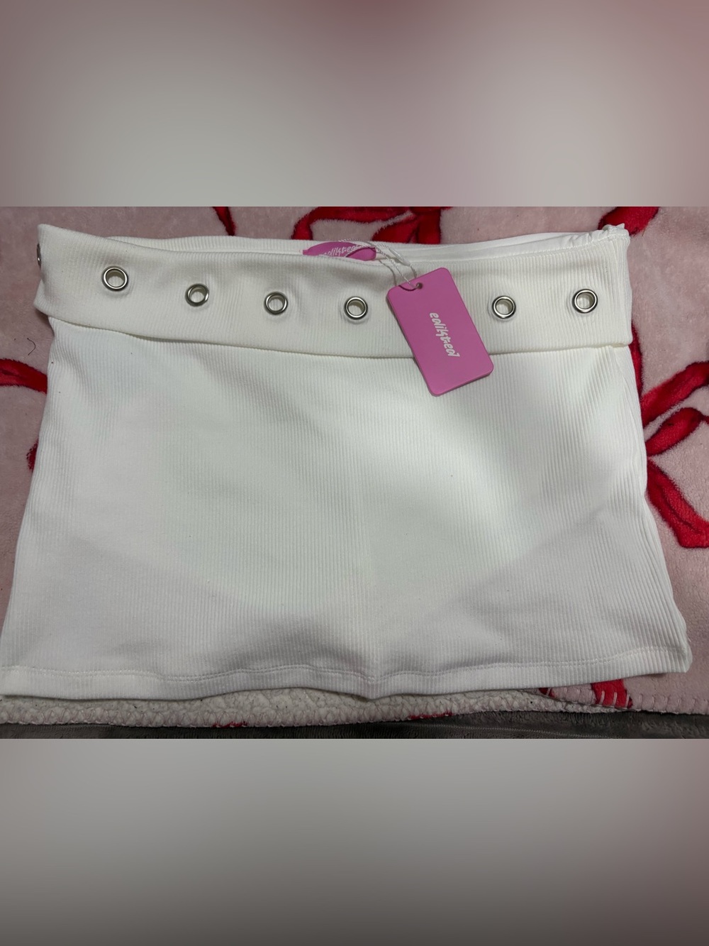 Edikted White Ribbed Mini Skirt with Grommet Waistband